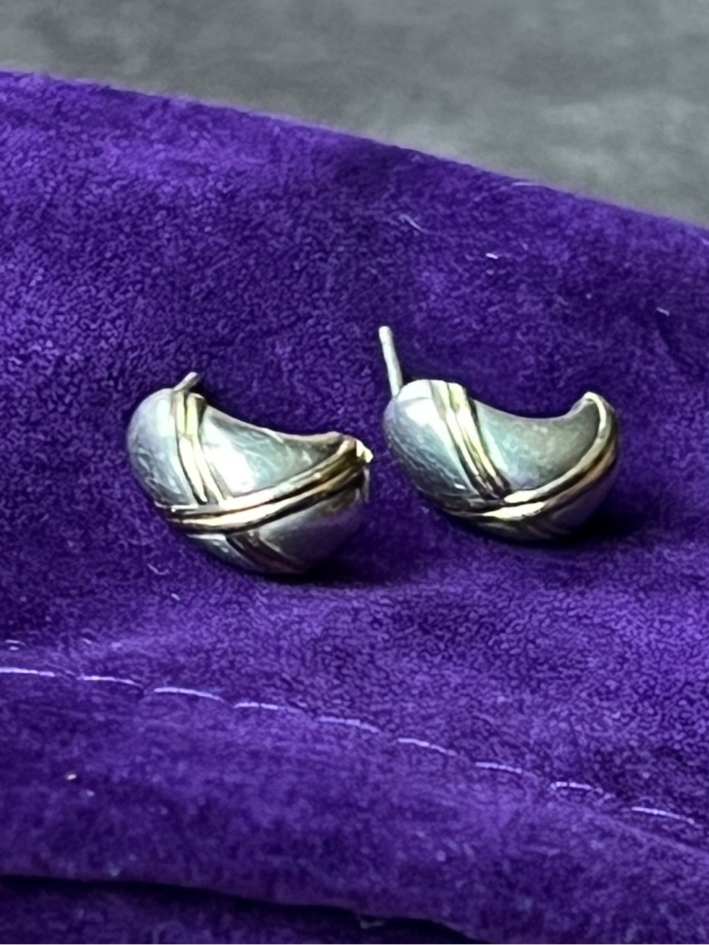 14K Gold 925 Silver Earrings Two Tone Crescent Small Cuff Like Stamped EC Stud